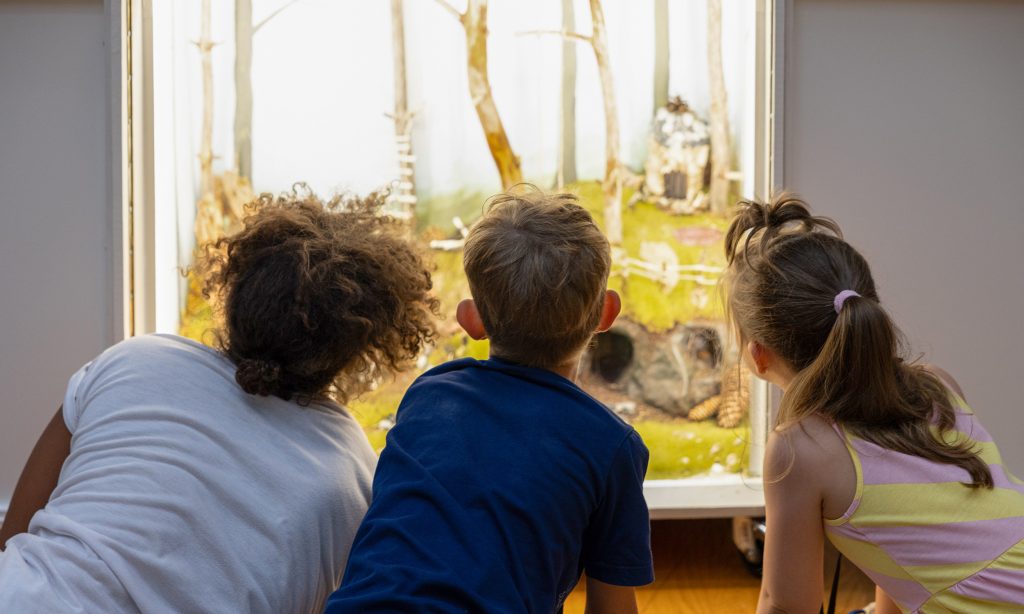 Kolme lasta katselee taidekaapin sisältä näkyvää maisemaa